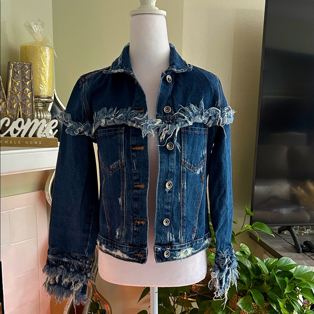 Zara Dark Blue Frayed Jean Jacket